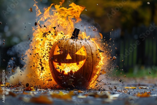 Burning pumpkin close up on ground photo