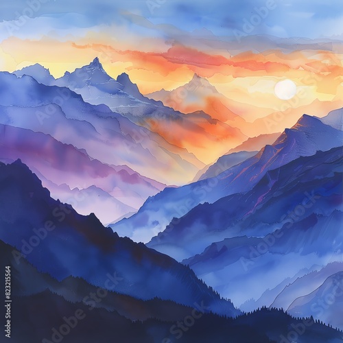 Stunning watercolor painting of a mountain landscape at sunrise with vibrant colors and misty valleys creating a serene, ethereal scene. #823215564