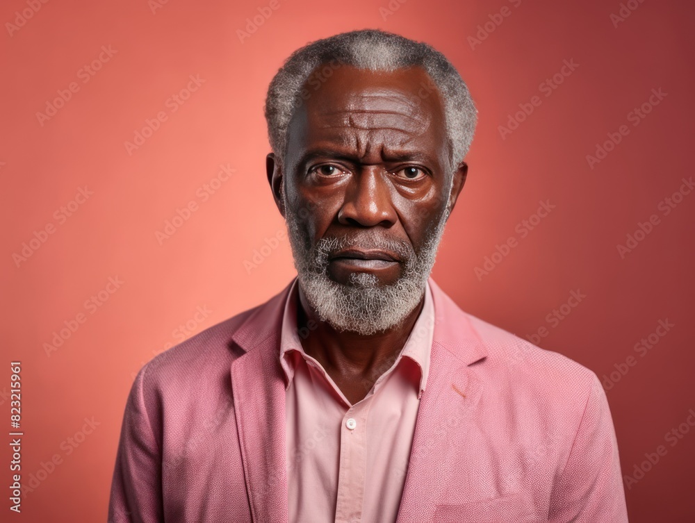 Coral background sad black American independent powerful man. Portrait of older mid-aged person beautiful bad mood expression isolated on background racism skin color depression anxiety fear burnout h