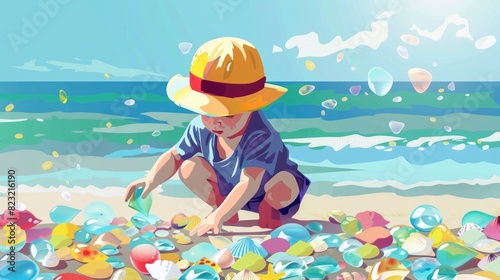 A Child Collecting Sea Glass And Colorful Shells Along The Shoreline, Cartoon ,Flat color © Moon Art Pic