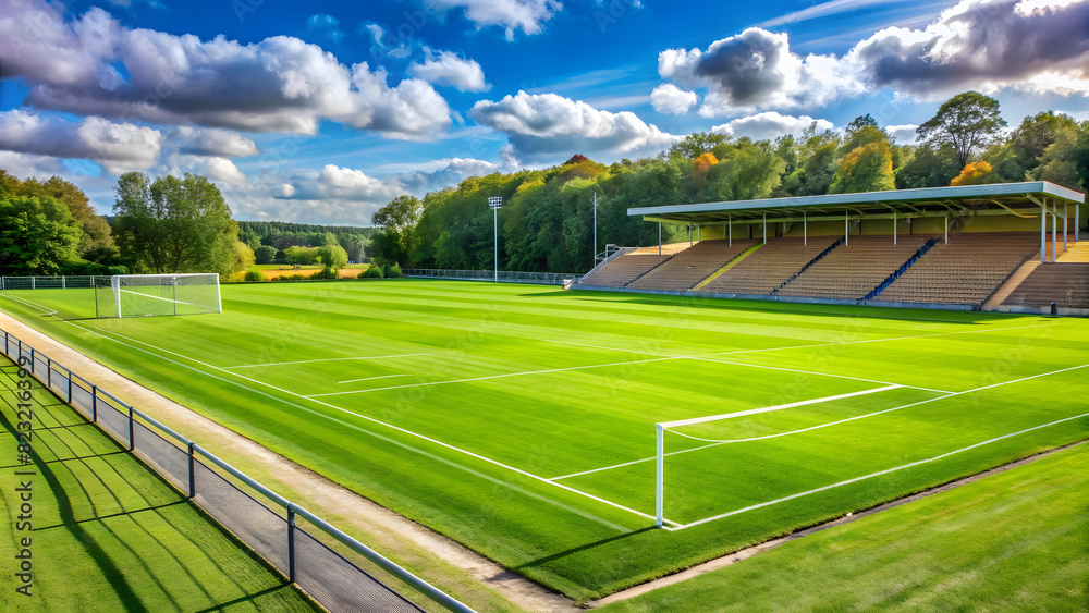 Fototapeta premium Side View of an English Football Field: Where Passion Meets Tradition. Perfect for: Football Season Kickoff, Sportsmanship Day, National Fitness Day, Sports event promotions.