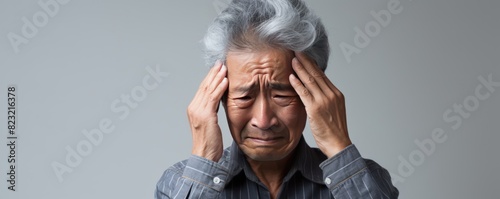 Indigo background sad Asian man. Portrait of older mid-aged person beautiful bad mood expression boy Isolated on Background depression anxiety fear burn out health issue problem photo