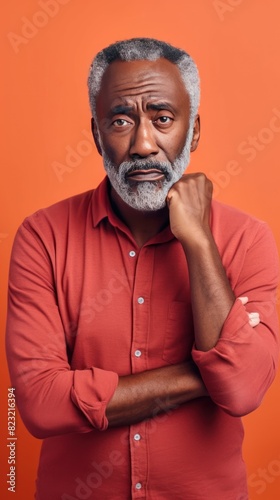 Coral background sad black American independent powerful man. Portrait of older mid-aged person beautiful bad mood expression isolated on background racism skin color depression anxiety fear burnout h