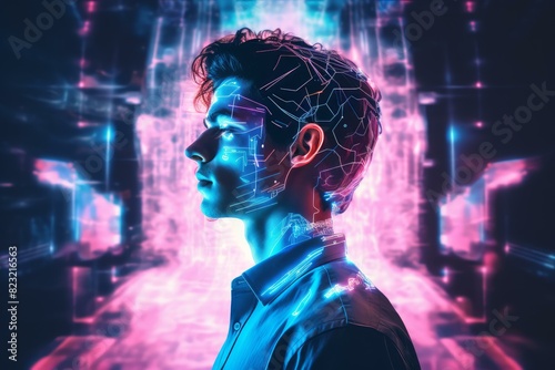 Cyber-inspired male portrait with neon lights and digital face mapping in a virtual environment