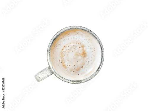 Top view, flat lay grey color coffee mug has cappuccino or latte with frothy foam isolated on a white background..