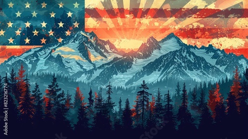 An abstract representation of the American flag with an alpine mountain range in front