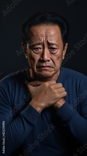 Indigo background sad Asian man. Portrait of older mid-aged person beautiful bad mood expression boy Isolated on Background depression anxiety fear burn out health issue problem © Zickert
