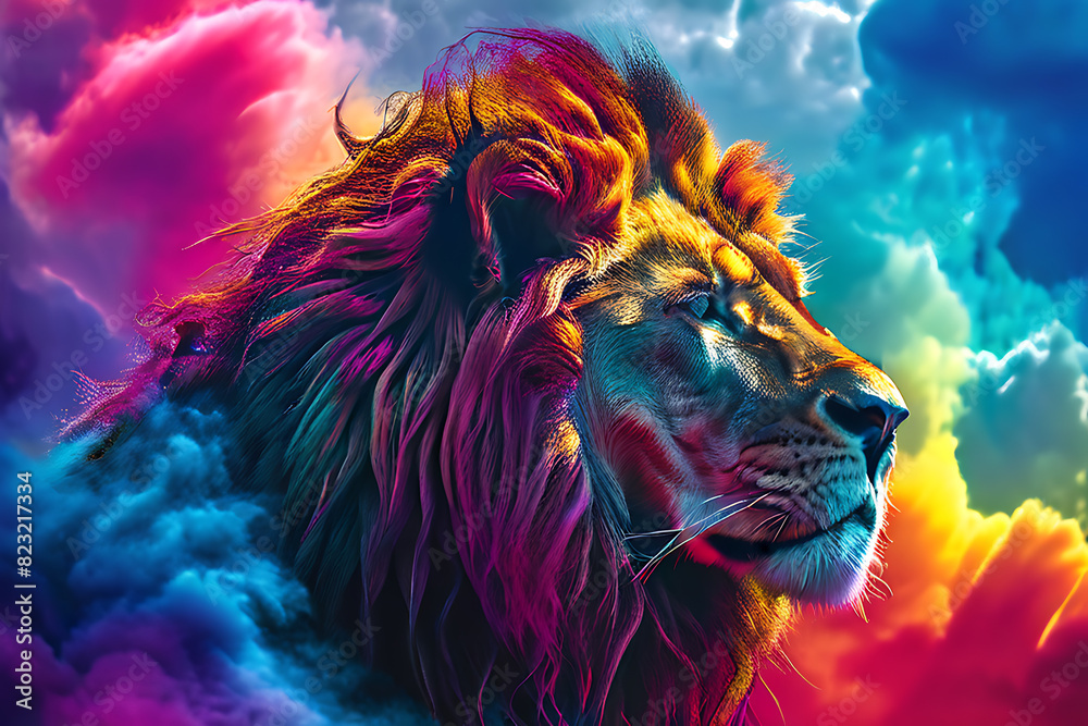 Fascinating illustration of a majestic creature with shimmering fur emerging from a vibrant rainbow during a fantastical parade, surrounded by dreamy clouds and surreal landscapes