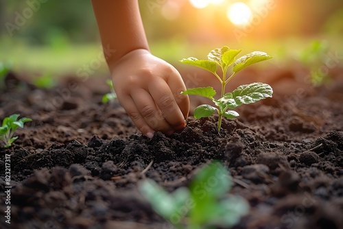Hand Planting Young Seedling in Soil During Golden Hour - Concept of Growth, Nature, and Sustainability