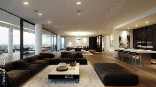 Luxury open plan living room and kitchen in white and black color  modern minimal style interior design.