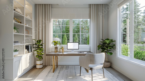 Modern Home Office With Desk  Chair  Plants  and Large Window