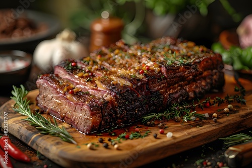 Delicious Barbecue Beef Brisket with Herbs and Spices Perfect for BBQ Menus and Food Photography