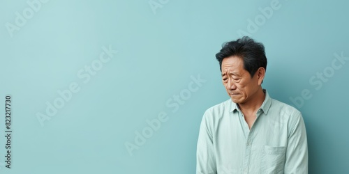 Cyan background sad Asian man. Portrait of older mid-aged person beautiful bad mood expression boy Isolated on Background depression anxiety fear burn out health  photo