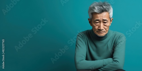 Cyan background sad Asian man. Portrait of older mid-aged person beautiful bad mood expression boy Isolated on Background depression anxiety fear burn out health  photo