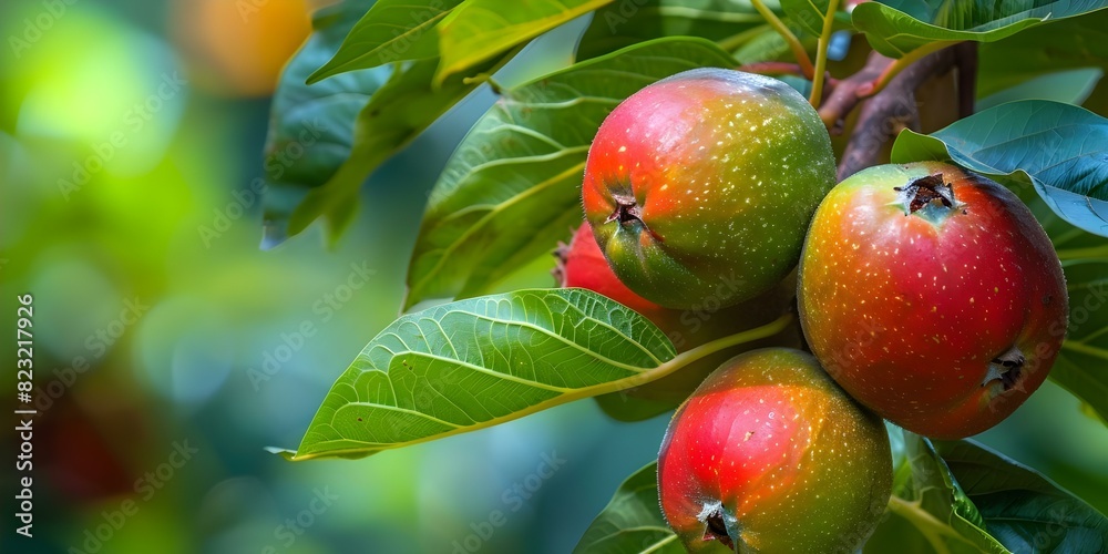 Harvesting ripe guava branch in organic garden for healthy nonGMO fruits. Concept Harvesting, Guava, Organic Garden, Ripe Fruits, Non-GMO