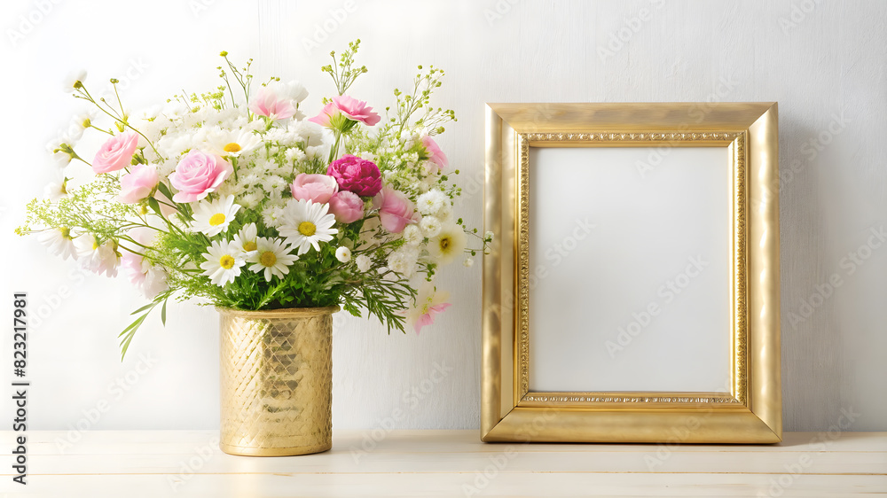 Gold Decorated Frame Mockup with Tender White and Pink Wildflowers in an Elegant Vase. Perfect for: Art Exhibition Openings, Home Decor Showcases, Floral Design Demonstrations. Gold Decorated Frame Mockup with Tender White and Pink Wildflowers in an Elegant Vase. Perfect for: Art Exhibition Openings, Home Decor Showcases, Floral Design Demonstrations.