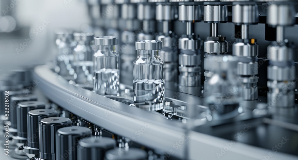 A closeup shot of the vial filling and packaging machine in action, with multiple floating glass bottles being filled in the style of silver tubes on one side of an industrial design model A closeup shot of the vial filling and packaging machine in action, with multiple floating glass bottles being filled in the style of silver tubes on one side of an industrial design model