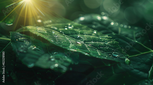 A drop of rain water dew in nature on a dark green lea photo