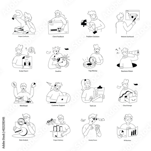 Set of Project Handling Doodle Mini Illustrations

