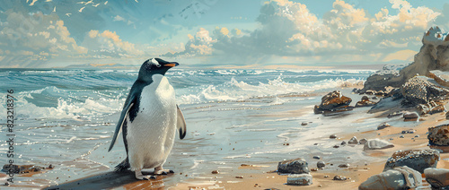 penguin on beach on background. Generative Ai photo