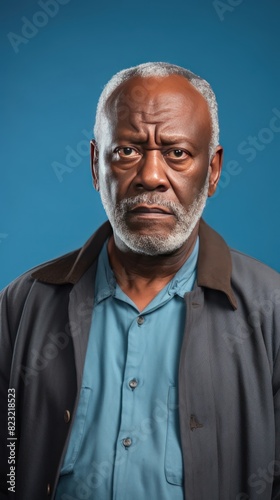 Cyan background sad black American independent powerful man. Portrait of older mid-aged person beautiful bad mood expression