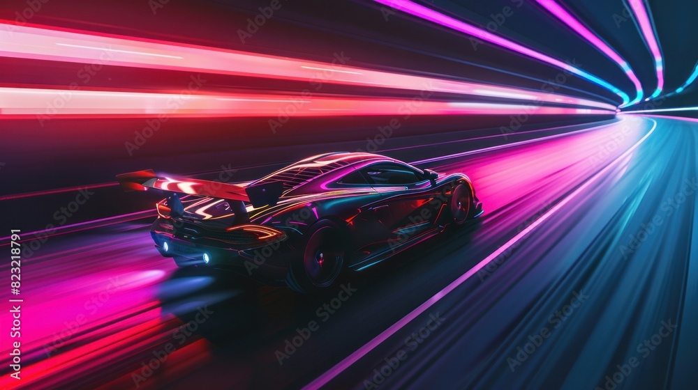 A supercar speeding on a neon-lit highway at night