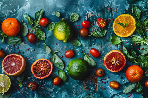 Vibrant Fresh Vegetables and Citrus Fruits on Textured Background 