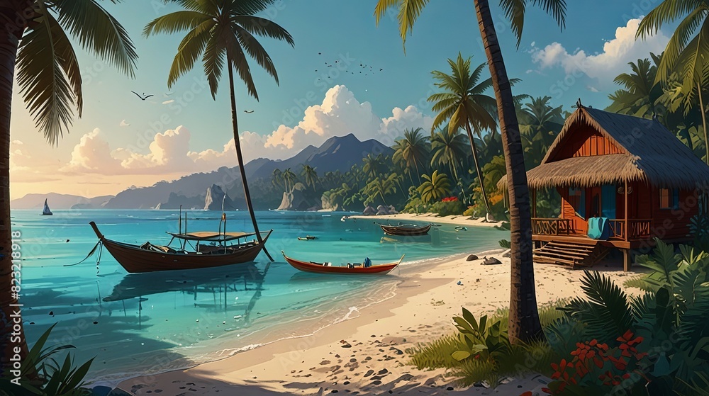 Fototapeta premium beach scene sea side with palm trees ai generated