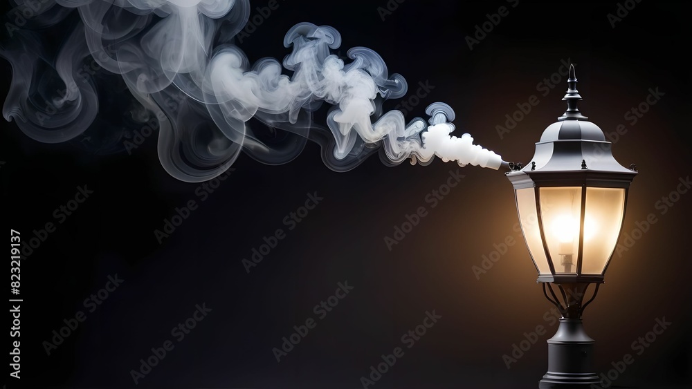 Fototapeta premium Street lamp on isolated dark background, artificial smoke
