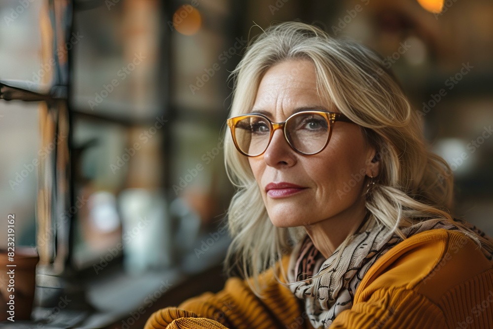 Woman with Glasses Looking Out Window in Cafe Woman with Glasses Looking Out Window in Cafe