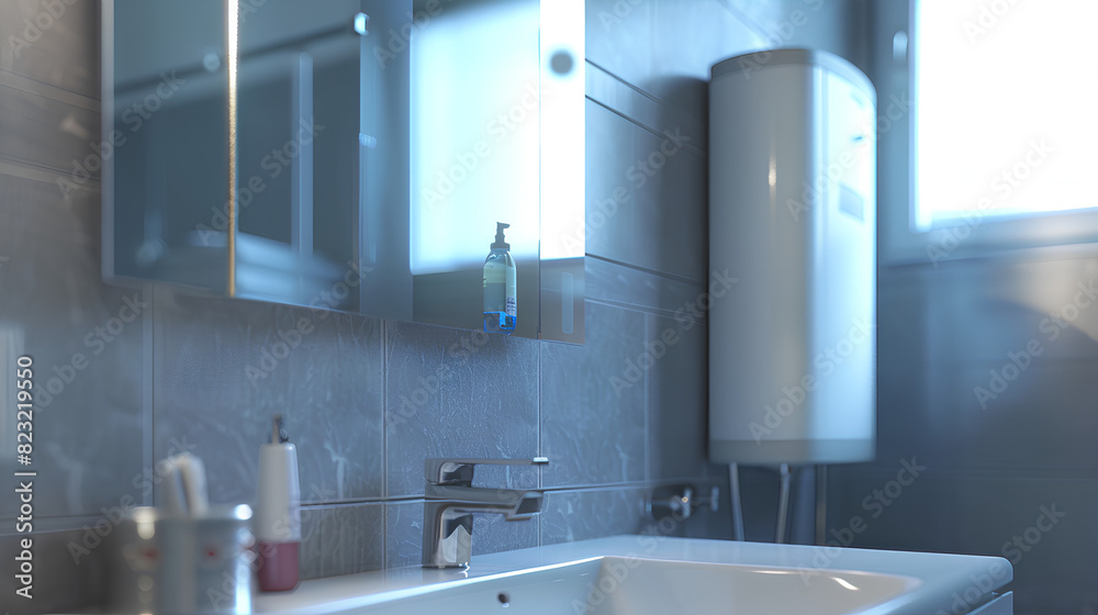 Closeup water heater in a modern bathroom with mirror and washbasin sink Closeup water heater in a modern bathroom with mirror and washbasin sink