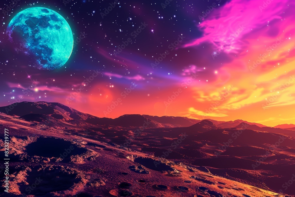 Surreal lunar landscape with a vibrant, colorful sky and a glowing blue moon, enhancing an ethereal, dreamlike atmosphere.