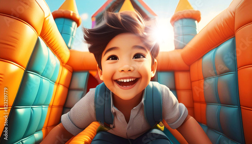 Portrait of a smiling young boy looking at camera while he is playing in an exciting bouncy castle (inflatable playground). Children playground, summer sports and fun activities concept. Generative Ai photo