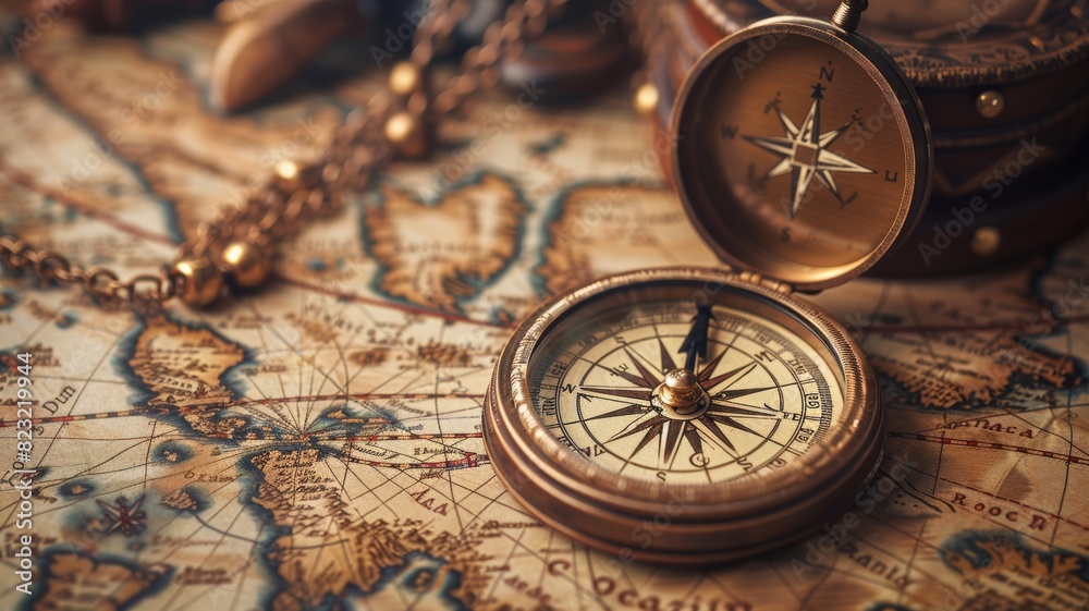 Vintage compass on an old world map symbolizing exploration, adventure, and navigation. Perfect for travel and history-themed projects.