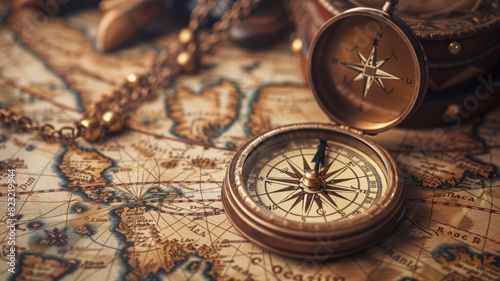 Vintage compass on an old world map symbolizing exploration, adventure, and navigation. Perfect for travel and history-themed projects. photo