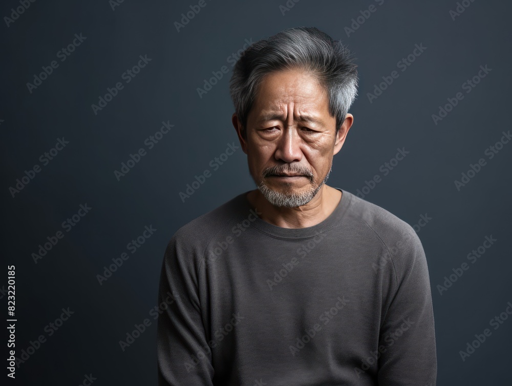 Gray background sad Asian man. Portrait of older mid-aged person beautiful bad mood expression boy Isolated on Background depression anxiety fear burn out health