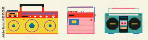 Retro cassette tape recorder in fashionable style. Colorful vector illustration.
