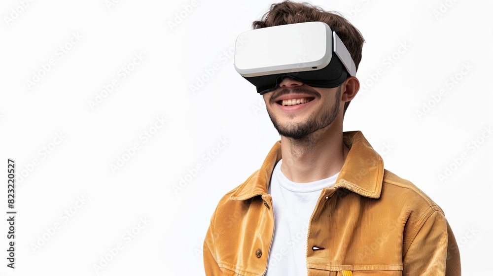 A man joyfully explores virtual reality through his headset on a white background. Generative AI A man joyfully explores virtual reality through his headset on a white background. Generative AI