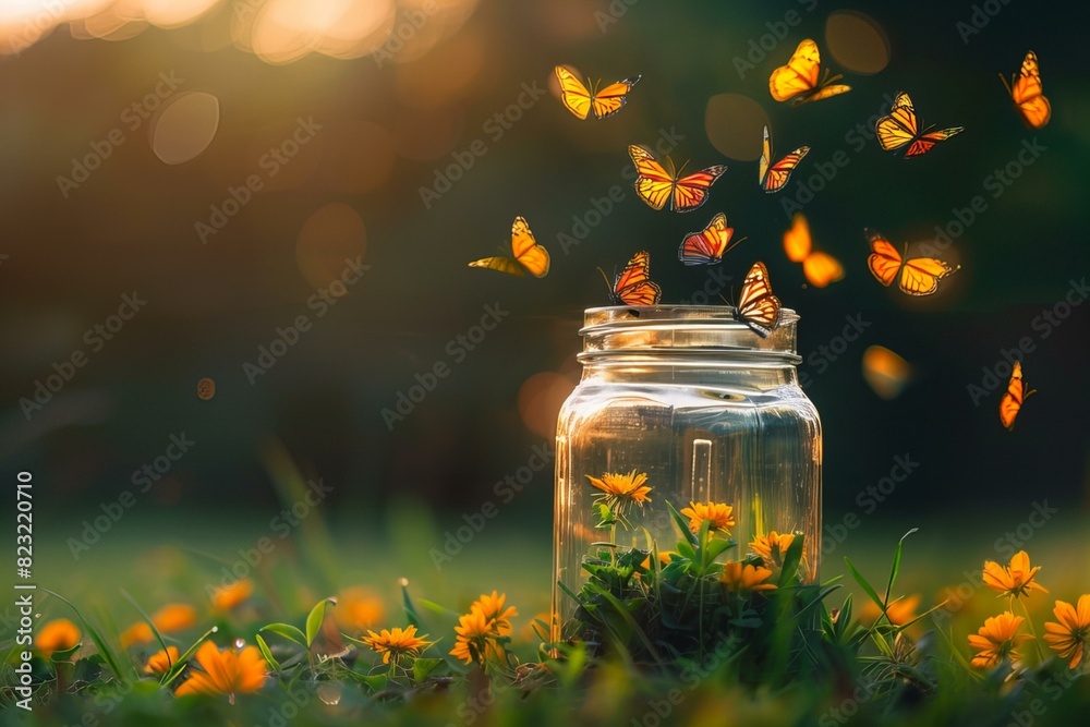 Butterflies flutter around water jar in field Butterflies flutter around water jar in field