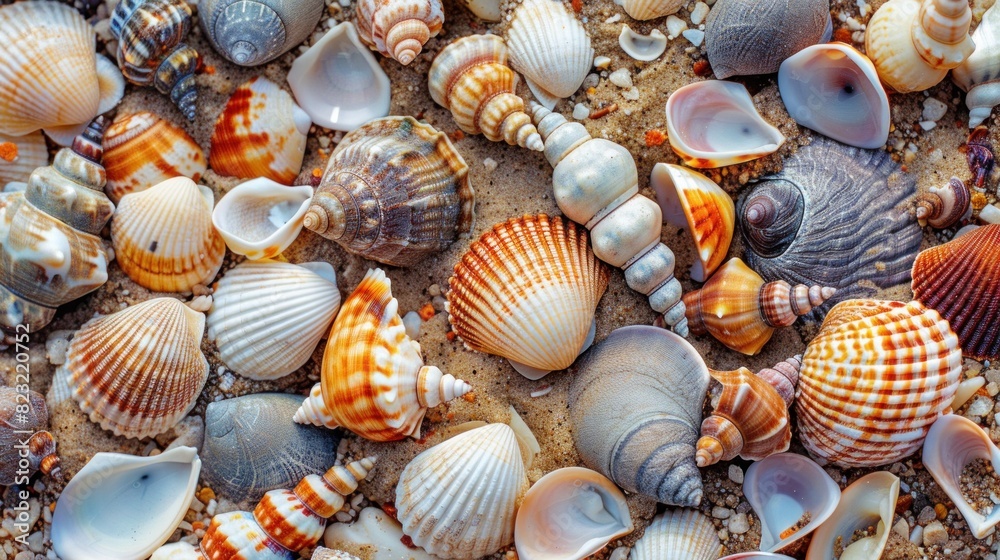 Composition of exotic sea shells on a sand background. set of various mollusk shells isolated on sand background. Composition of exotic sea shells on a sand background. set of various mollusk shells isolated on sand background.