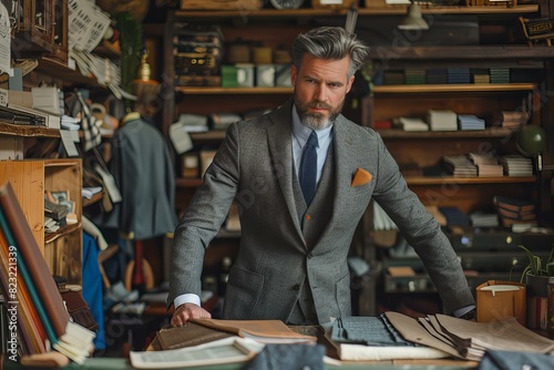 Man in a suit standing in a shop with a lot of clothes