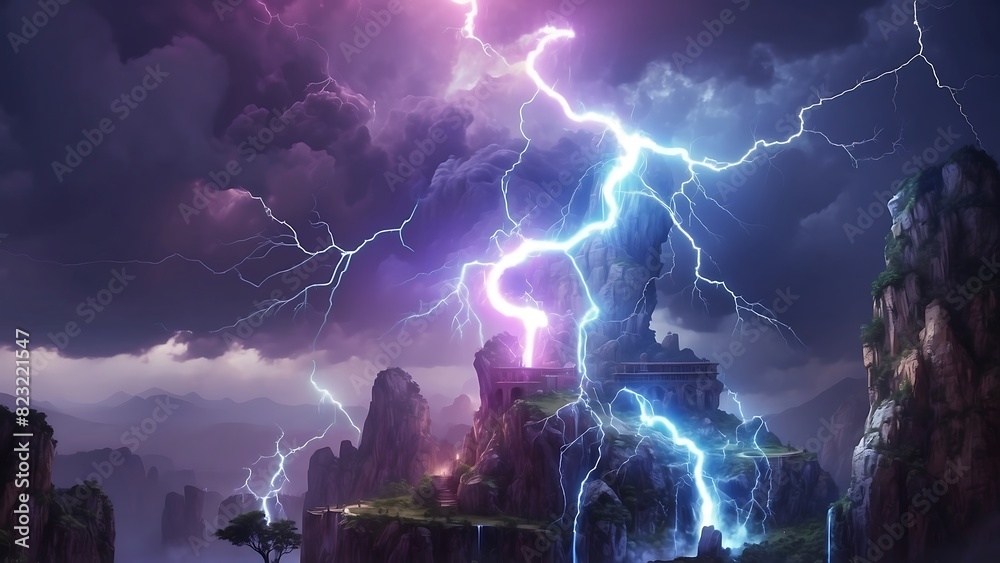 Powerful sorcerer with lightning magic. Fantasy scene.