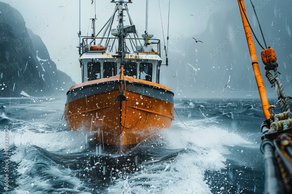 Obraz premium Boat floating in water with excess water