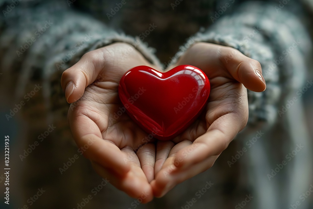 Person holding red heart hands love care Person holding red heart hands love care