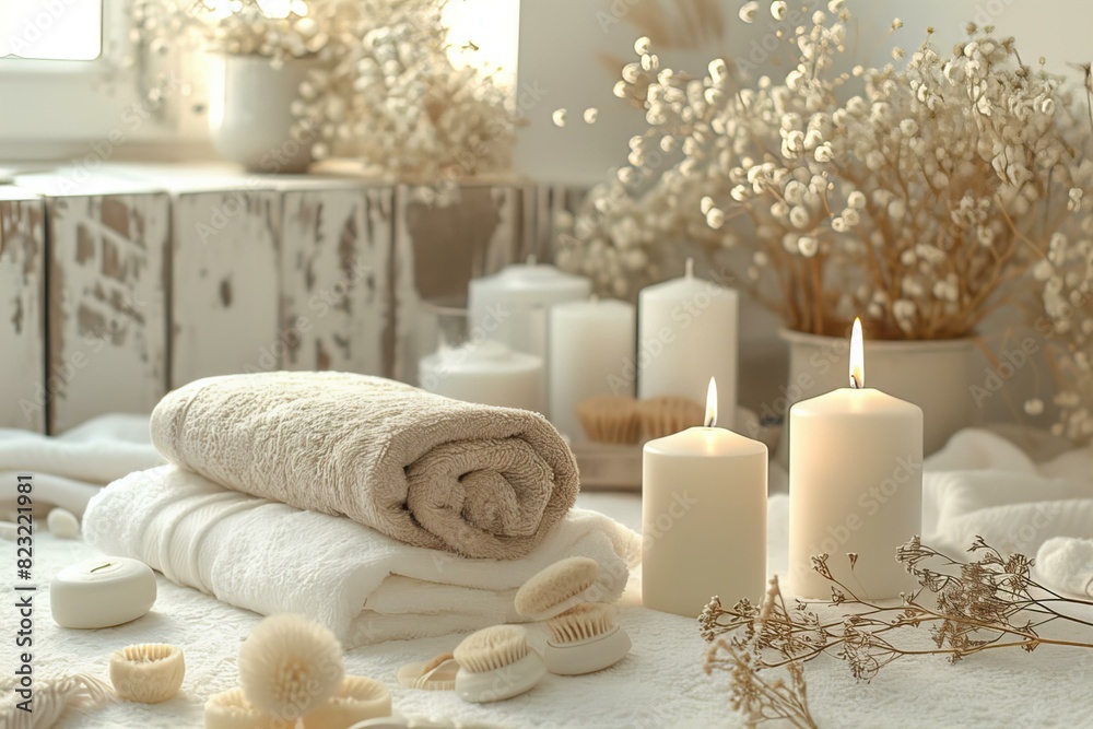 Towels candles table white blanket