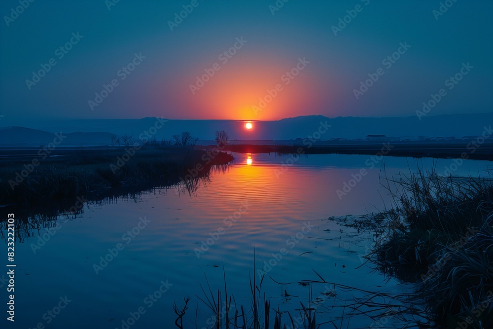 Sunset river small boat scenic view Sunset river small boat scenic view