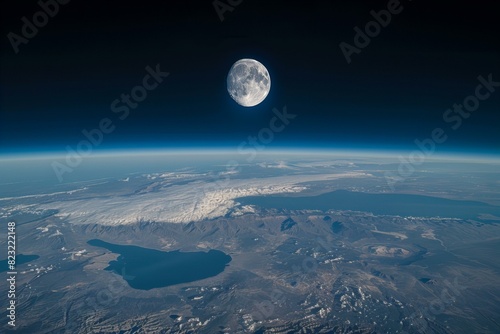 Moon rises above vast plain with lake