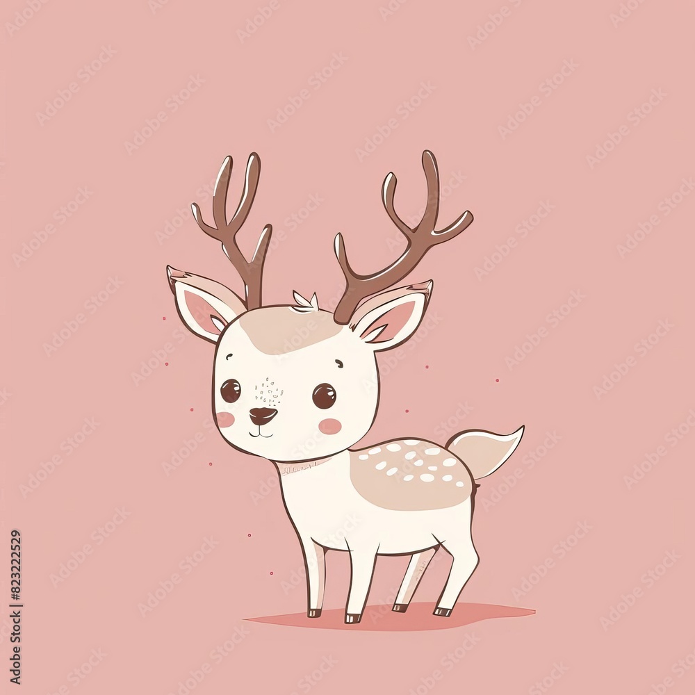 Cute cartoon deer with antlers against a pink background, perfect for children's illustrations, holiday designs, or whimsical art projects.