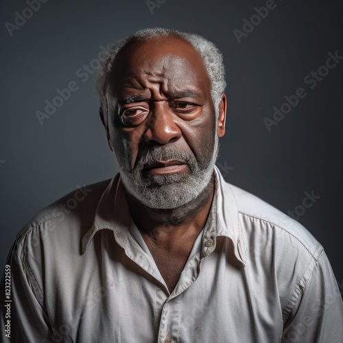 Ivory background sad black American independent powerful man. Portrait of older mid-aged person beautiful bad mood expression isolated on background