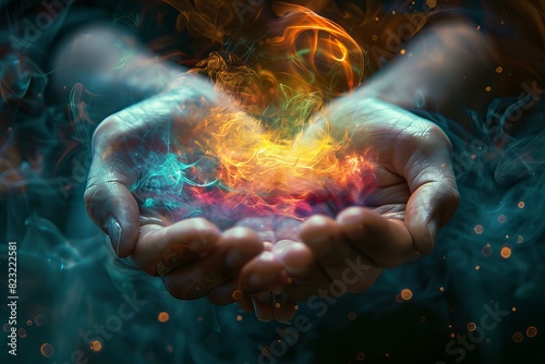 Person holding glowing heart with fire photo